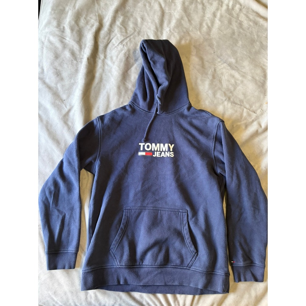 Tommy Jeans Mens Navy Blue Logo Pullover Hoodie Sweatshirt Size M Flag Logo
